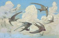 a painting of birds flying in the sky