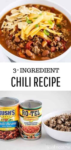 three different pictures with the words 3 ingredient chili recipe in front of it and an image of