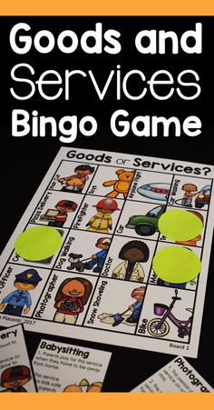 a game with words and pictures on it that says goods and services for the bingo game