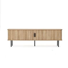 the sideboard is made out of wood and has black metal legs on each side