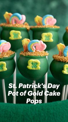 st patrick's day pot of gold cake pops with candy toppings on top