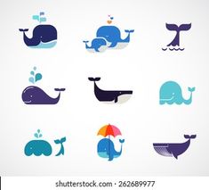 a set of different whale icons on a white background with blue and purple colors, including an umbrella