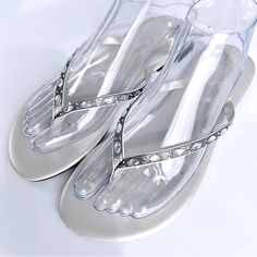 Nwot, Excellent New Condition, Never Worn Pretty Sun & Sky Rhinestone Silver Flip Flop Thong Sandals Women’s Size Medium 7-8 Perfect For The Beach Or Pool This Summer Diamond Shaped Faceted Rhinestones On Straps No Stones Missing A Linear Mark Or Impression Is Present On The Right Footbed As Shown Next To Last Photo Manmade Upper And Outsole With Textile Ships From Smoke Free And Pet Free Home Elegant Silver Flip Flops For Summer, Silver Flip Flops For Party, Silver Toe Post Flip Flops For Party, Summer Toe Post Flip Flops With Rhinestones, Silver Party Flip Flops, Cheap Silver Flip Flops For Beach, Silver Rhinestone Party Flip Flops, Silver Open Toe Flip Flops With Rhinestones, Summer Rhinestone Toe Post Flip Flops