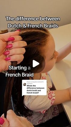 Sarah | Hair Braider on Instagram: "The different techniques between Dutch and French Braids." Thick Dutch Braids Tutorials, How To French Braid Toddler Hair, How To Do 2 French Braids, Girls French Braid Hairstyles, 2 Hair Braids, French Braid Vs Dutch Braid, French Vs Dutch Braid, Two French Braids Natural Hair, How To Do Two Braids