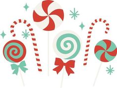 candy canes with bows and stars are on a white background, as well as snowflakes