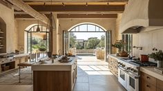 a large kitchen with an arched doorway leading to the outside