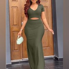 Marysol.Boutique Women' S Short Sleeve, Vneck, Cutout Mermaid Maxi Dress Sz L Nwot Material: Polyester Color: Olive Green Finish: Pullover Casual Fitted Cutout Maxi Dress, Fitted Casual Maxi Dress With Cutout, Casual Fitted Maxi Dress With Cutout, Fitted V-neck Maxi Dress With Cutout, Green V-neck Dress With Cutout, Mermaid Maxi Dress, Green Maxi, Boutique Dress, Women Maxi