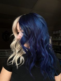 We made it to Friday! Friday feature ✨@kachathairian #finallyfriday #fridayfeature #hairstylist #haircut #haircolor #cosmetology… | Instagram Blue And Purple Streaks In Hair, Blue And Blonde Hair, Cool Hair Color Ideas, We Made It To Friday, Made It To Friday, Hair Halo, Split Dyed Hair, Vivid Hair Color, Dyed Hair Inspiration