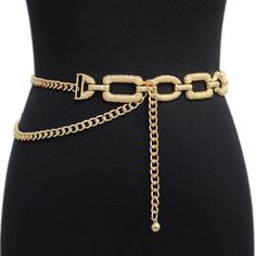 Belt measures approx. 47.25" L Elegant Party Belt With Chain Strap, Elegant Party Belt With Chain Detail, Elegant Metal Chain Belt For Night Out, Trendy Adjustable Gold Waist Chain, Chic Gold-tone Chain Belt For Party, Metal Chain Link Belt With Belt Loops, Metal Chain Belt With Belt Loops For Party, Chic Metal Chain Belt For Party, Elegant Chain Link Waist Chain With Belt Detail