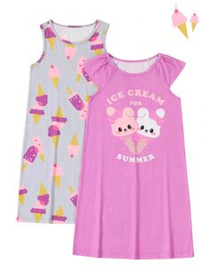 Tween Girl Two Pieces Set Of Cute Ice Cream Printed Sleeveless Nightgowns Multicolor Casual,Cute  Cap Sleeve,Sleeveless Knitted Fabric Cartoon,Geometric,Letter Sleepshirts Medium Stretch Summer Tween Girls Clothing, size features are:Bust: ,Length: ,Sleeve Length: Summer Cartoon Print Sleepwear For Sleepover, Cheap Kawaii Cartoon Print Sleepwear, Pink Kawaii Sleepwear With Cartoon Print, Pink Summer Sleep T-shirt, Pink Cartoon Print Sleepwear With Short Sleeves, Ice Cream Print, Girls Pajamas, Two Piece Sets, Two Pieces