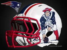 a new england football helmet with a drawing of a football player on it's side