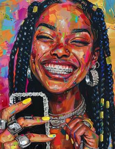 a painting of a woman with dreadlocks smiling and holding a piece of cake