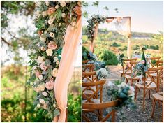 an outdoor ceremony setup with flowers and greenery