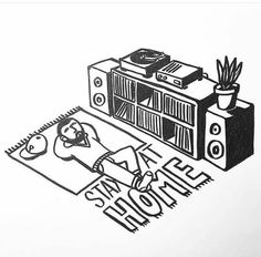 a black and white drawing of an old fashioned radio next to a potted plant