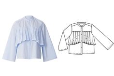 a women's blouse with ruffles on the front and side, next to an image of a woman's shirt