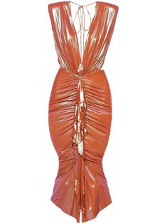 orange metallic sheen mesh panelling draped detailing ruffled detailing gathered detailing V-neck shoulder pads sleeveless open back full lining rear tie fastening Alexandre Vauthier 2023, Alexandre Vauthier Dress, Awards Dress, Edgy Glam, Tank Dresses, Fashion Moodboard, Wedding Guest Looks, Alexandre Vauthier, Dress Orange