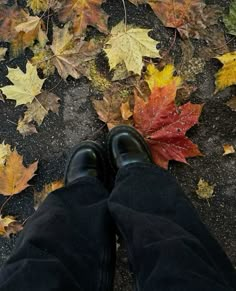 a person standing in front of leaves on the ground with their feet propped up against them