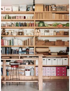 the shelves are filled with many different types of crafting supplies and bookshelves