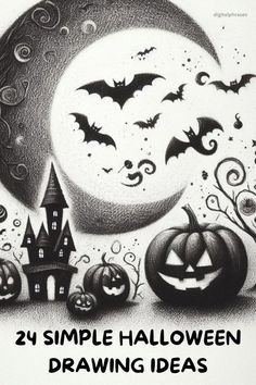 a drawing of halloween pumpkins and bats with the words, 24 simple halloween drawing ideas