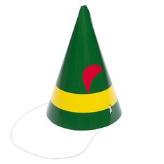 a green and yellow party hat with a red heart on it