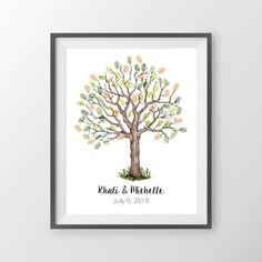 a watercolor tree with leaves on it and the words, namt & michelette written