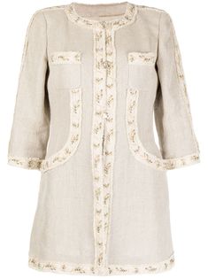 circa 2009 beige linen appliqué detailing collarless front button fastening two chest patch pockets three-quarter length sleeves straight hem silk lining Collarless Coat, Classic Chanel, Linen Coat, Chanel Jacket, Antique Clothing, Coat Design, Environmental Impact, Pure Linen, Light Beige