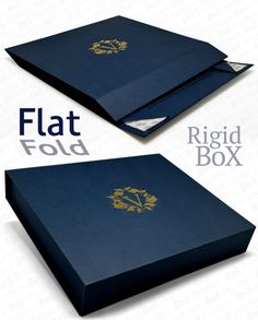 two blue folders with gold foil logos on the front and back cover, both opened