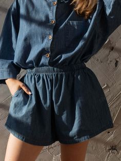 Stay cool and stylish with our Chambray Denim Shorts for women, designed for comfort with a wide-leg fit and elasticated waist. Made from lightweight cotton, ideal for warm weather. Denim Shorts For Women, Chambray Denim Shirt, Newborn Sets, Jumpsuit Jacket, Shorts For Women, Denim Short, Oversized Tee, Rain Wear, Stay Cool