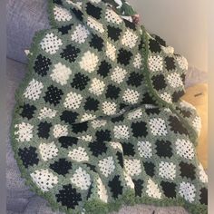 Hand Crochet By Me! Granny Square Checkered Blanket In White, Black, And Mint Green With A Pom Pom Boarder! Took Months!!! As Priced Obo Cotton/Acrylic Blend Machine Washable Crochet Checkered Blanket, Granny Square Checkered, Crochet Bunny Blanket, Ripple Baby Blanket, Crochet Checkered, Checkered Blanket, Striped Crochet Blanket, Bunny Blanket, Queen Size Blanket