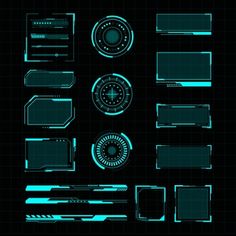 a set of futuristic interface elements in blue and black colors on a dark background with grids