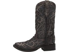 Corral Boots C3484 | Zappos.com Black Rhinestone Mid Calf Boots, Black And Turquoise Cowgirl Boots, Black Corral Boots Womens, Black Western Boots With Crocodile Pattern, Corral Boots Womens, Corral Boots, Heel Caps, Shoe Size Conversion, Leather Pulls