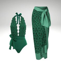 Introducing our stunning Green One Piece Swimsuit with Sarong – the epitome of resort fashionista and vacation glam! Crafted with 82% Nylon and 18% Spandex, this chic swimsuit offers a perfect fit and ultimate comfort. Embrace the open back and wireless cup design for a touch of sophistication while enjoying poolside glam. Get ready to turn heads and make a splash in style! 🌊🌴 Swimsuit Green, Bathing Suit Designs, Green Swimwear, Designer Beach Wear, Vintage Swimsuit, Summer Surf, Green Swimsuit, Skirt Summer, Beach Skirt