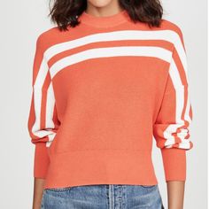 “Spur Knit” Striped Sweater By The Fifth Label. Orange With White Racing Stripe Down Sleeves And Across Chest. Cropped Silhouette. Size Small / 4 Us. Brand New With Tags. Sporty Knit Tops For Fall, Retro Spring Sweater With Ribbed Cuffs, White Sweater With Ribbed Cuffs For Spring, White Ribbed Cuffs Sweater For Spring, White Spring Sweater With Ribbed Cuffs, Sporty Ribbed Sweater For Spring, Sporty Ribbed Spring Sweater, Sporty Knit Sweater For Spring, Sporty Spring Knit Sweater