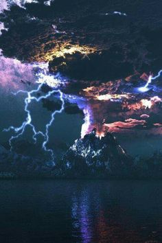 the sky is filled with clouds and lightnings as it shines brightly over water