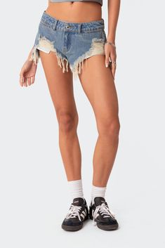 PRODUCT INFO Micro shorts Low rise waist Distressed detailing Denim fabric 100% Cotton Model wears size S Model height is 5'9 Item care: Wash with similar color Low Rise Denim Shorts, Low Rise Jean Shorts, Shorts Low Rise, Jean Short Outfits, Low Rise Jean, Micro Shorts, Swimwear Dress, Wide Jeans, Mini Slip Dress