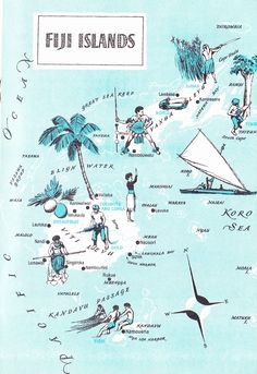 an illustrated map of fiji islands with people on the beach and palm trees in the background