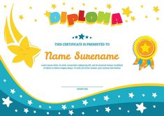 a certificate with stars and a star on the bottom is shown in blue, yellow and orange