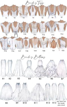 different types of wedding gowns are shown in this drawing book, which shows the size and