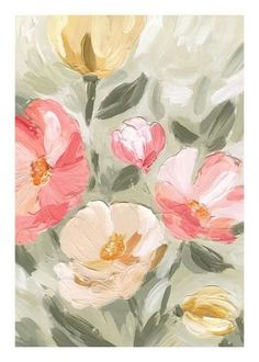 an abstract painting of pink and yellow flowers