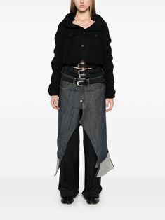 Find JUNYA WATANABE Multiple-waisted Trousers on Editorialist. black/blue cotton, wool textured finish concealed front button, hook and zip fastening front buckle fastening multiple waist detailing denim overlapping panel classic five pockets turn-up cuffs straight leg Black Fitted Bottoms With Concealed Front Fastening, Fitted Black Bottoms With Concealed Fastening, Black Cropped Bottoms With Pockets, Cropped Black Bottoms With Pockets, Black Cropped Work Pants, Black Cropped Pants For Workwear, Cropped Black Pants For Work, Black Cropped Pants For Work, Noir Kei Ninomiya