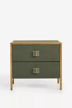 two drawers with brass handles on each side and one drawer closed to show the bottom