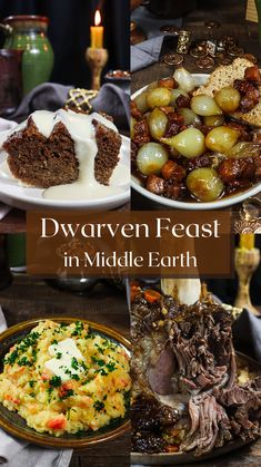 there are several different foods on the table together with text overlay that reads, dwarven feast in middle earth