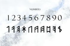 the numbers are written in black on a white background with mountains and clouds behind them