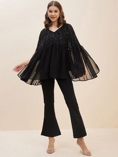 Women Embellished Georgette Ethnic Co-Ords Set, Indo Western Ethnic Set, Embellished V-Neck Top & Trousers, Fusion Outfit, Wedding Wear VitansEthnics Chic Festive V-neck Sets, Sequined V-neck Sets For Party, Black Flared Hem Pants For Party, Long Sleeve Sets For Fall Evening, Chic Flared Party Sets, Chic Flare Sets For Party, V-neck Sets For Fall Party, V-neck Party Sets For Fall, Fall Party V-neck Sets