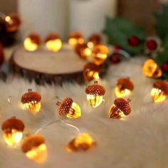 there are many small lights that look like acorns on the fur covered table