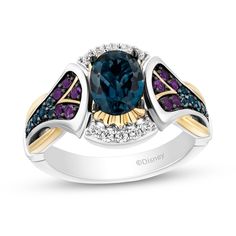 Express your fierce and powerful side with this oval blue topaz, amethyst and diamond Tamika ring from the Enchanted Disney Fine Jewelry Collection inspired by Disney's live-action film, The Little Mermaid. Created in sterling silver Scalloped 10K gold borders and ribbons of diamonds highlight the 8.0 x 6.0mm oval-shaped London blue topaz. The mermaid tail-shaped shank glistens with "V"-shaped yellow gold details, round bright purple amethyst and London blue topaz. Polished yellow gold ribbons b Little Mermaid Wedding, Enchanted Disney, Enchanted Disney Fine Jewelry, Disney Fine Jewelry, Disney The Little Mermaid, Action Film, Gold Ribbons, Bright Purple, Mermaid Tail