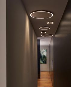 a long hallway with lights on the ceiling and wood flooring in front of it