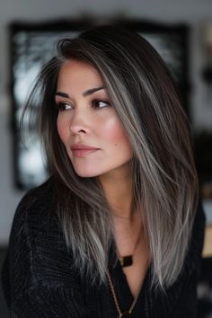 Hiding In The Shadows, Gray Blending, Gray Balayage, Grey Hair Transformation, Grey Hair Inspiration, Silver Highlights, Black Hair With Highlights, Dark Hair With Highlights