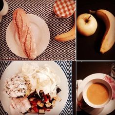 four pictures show different types of food on plates and in bowls, along with coffee