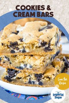 cookies and cream bars are stacked on top of each other with the title above it